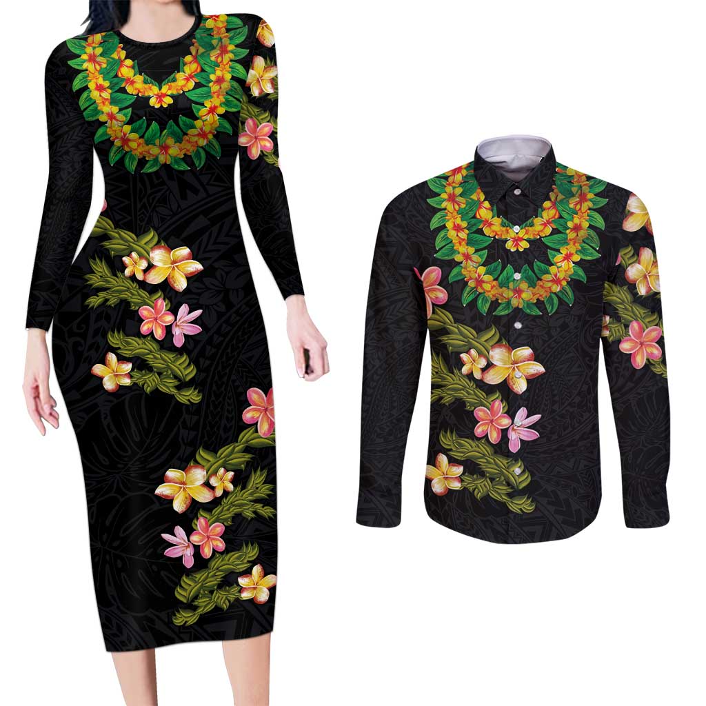 Hawaiian Lei Plumeria and Tropical Leaves Couples Matching Long Sleeve Bodycon Dress and Long Sleeve Button Shirt Watercolor Style LT03 Black - Polynesian Pride