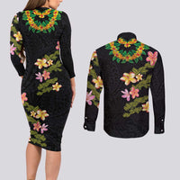 Hawaiian Lei Plumeria and Tropical Leaves Couples Matching Long Sleeve Bodycon Dress and Long Sleeve Button Shirt Watercolor Style LT03 - Polynesian Pride