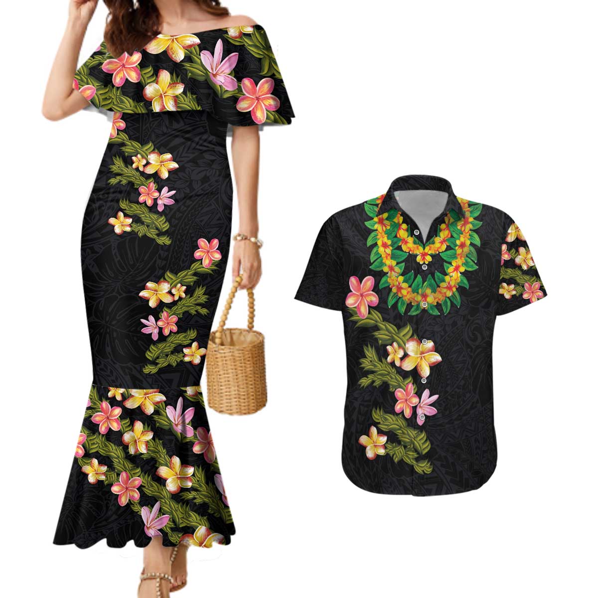 Hawaiian Lei Plumeria and Tropical Leaves Couples Matching Mermaid Dress and Hawaiian Shirt Watercolor Style LT03 Black - Polynesian Pride