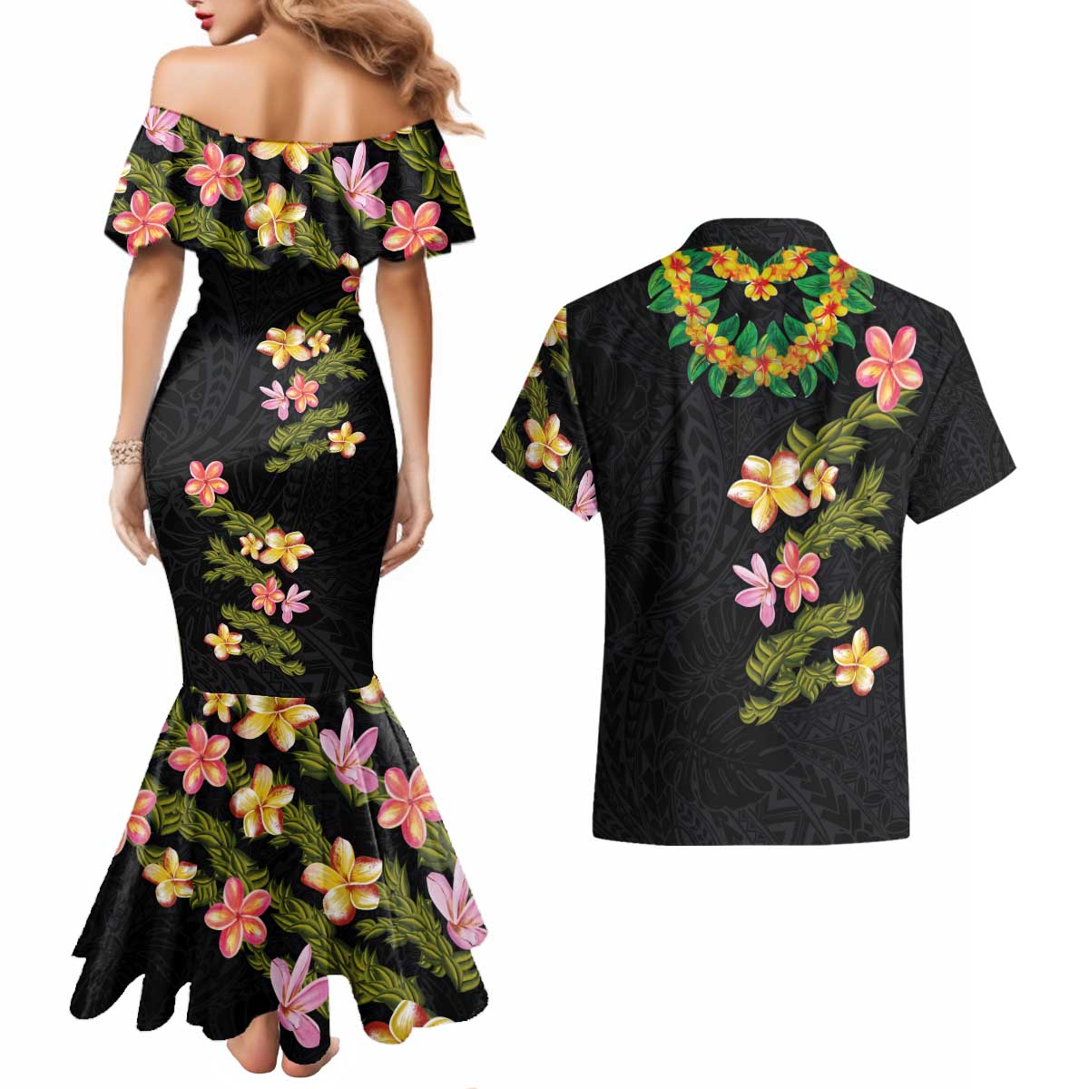 Hawaiian Lei Plumeria and Tropical Leaves Couples Matching Mermaid Dress and Hawaiian Shirt Watercolor Style LT03 - Polynesian Pride