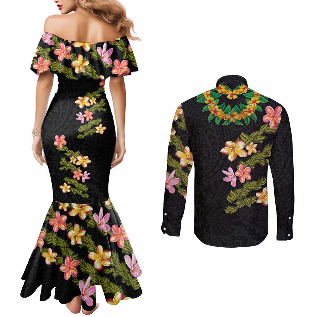 Hawaiian Lei Plumeria and Tropical Leaves Couples Matching Mermaid Dress and Long Sleeve Button Shirt Watercolor Style LT03 - Polynesian Pride