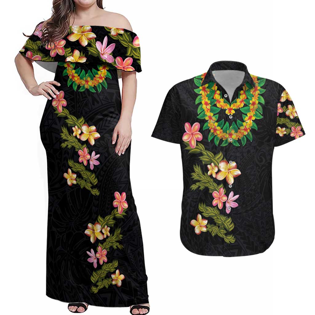 Hawaiian Lei Plumeria and Tropical Leaves Couples Matching Off Shoulder Maxi Dress and Hawaiian Shirt Watercolor Style LT03 Black - Polynesian Pride
