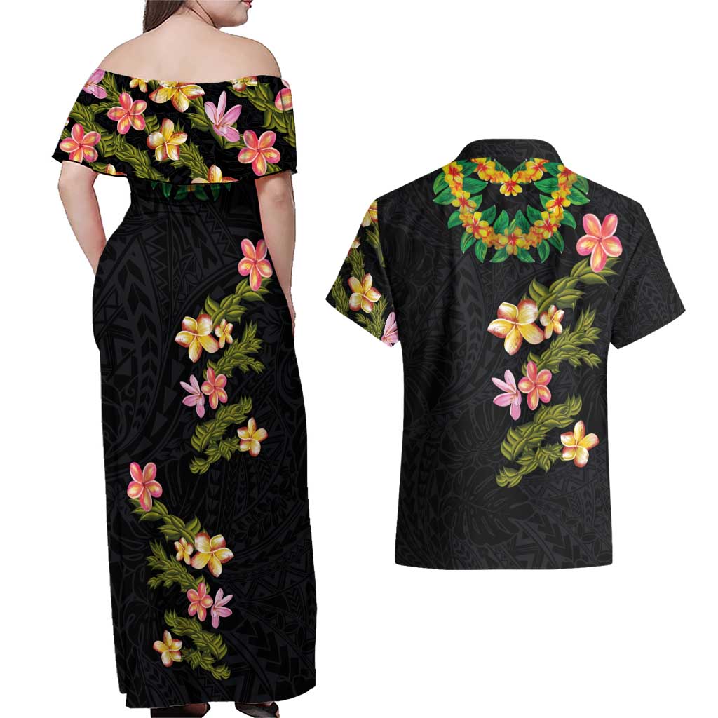Hawaiian Lei Plumeria and Tropical Leaves Couples Matching Off Shoulder Maxi Dress and Hawaiian Shirt Watercolor Style LT03 - Polynesian Pride