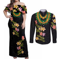 Hawaiian Lei Plumeria and Tropical Leaves Couples Matching Off Shoulder Maxi Dress and Long Sleeve Button Shirt Watercolor Style LT03 Black - Polynesian Pride