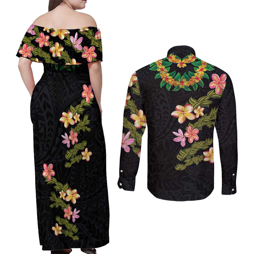 Hawaiian Lei Plumeria and Tropical Leaves Couples Matching Off Shoulder Maxi Dress and Long Sleeve Button Shirt Watercolor Style LT03 - Polynesian Pride