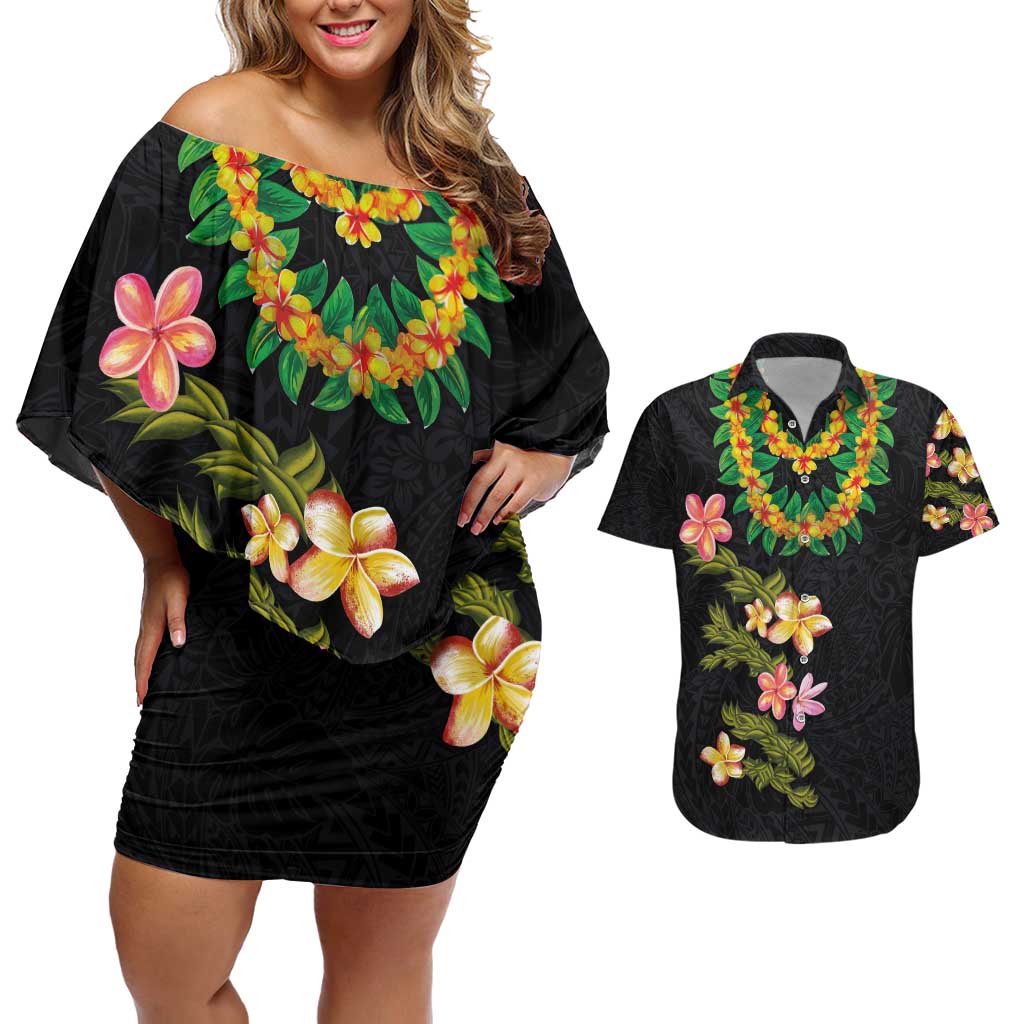 Hawaiian Lei Plumeria and Tropical Leaves Couples Matching Off Shoulder Short Dress and Hawaiian Shirt Watercolor Style LT03 Black - Polynesian Pride
