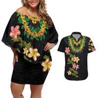 Hawaiian Lei Plumeria and Tropical Leaves Couples Matching Off Shoulder Short Dress and Hawaiian Shirt Watercolor Style LT03 Black - Polynesian Pride