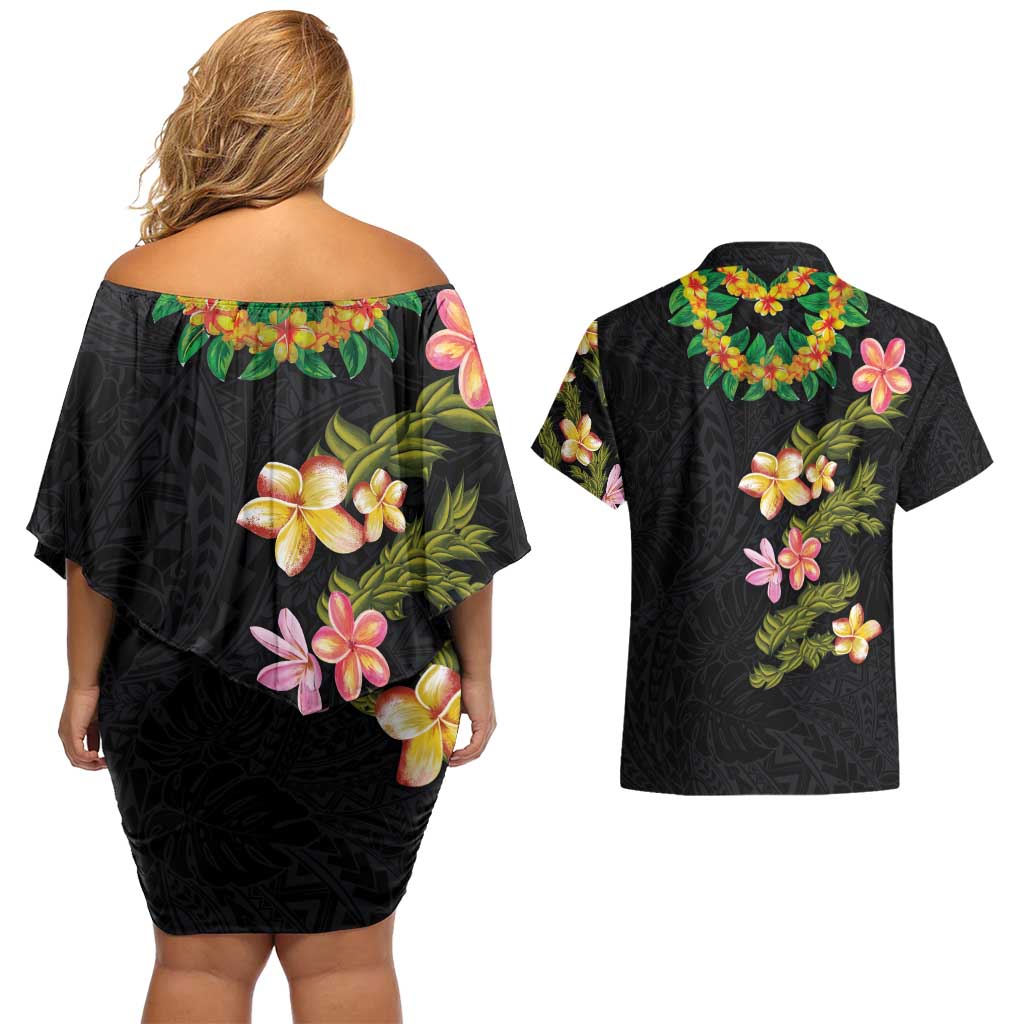 Hawaiian Lei Plumeria and Tropical Leaves Couples Matching Off Shoulder Short Dress and Hawaiian Shirt Watercolor Style LT03 - Polynesian Pride