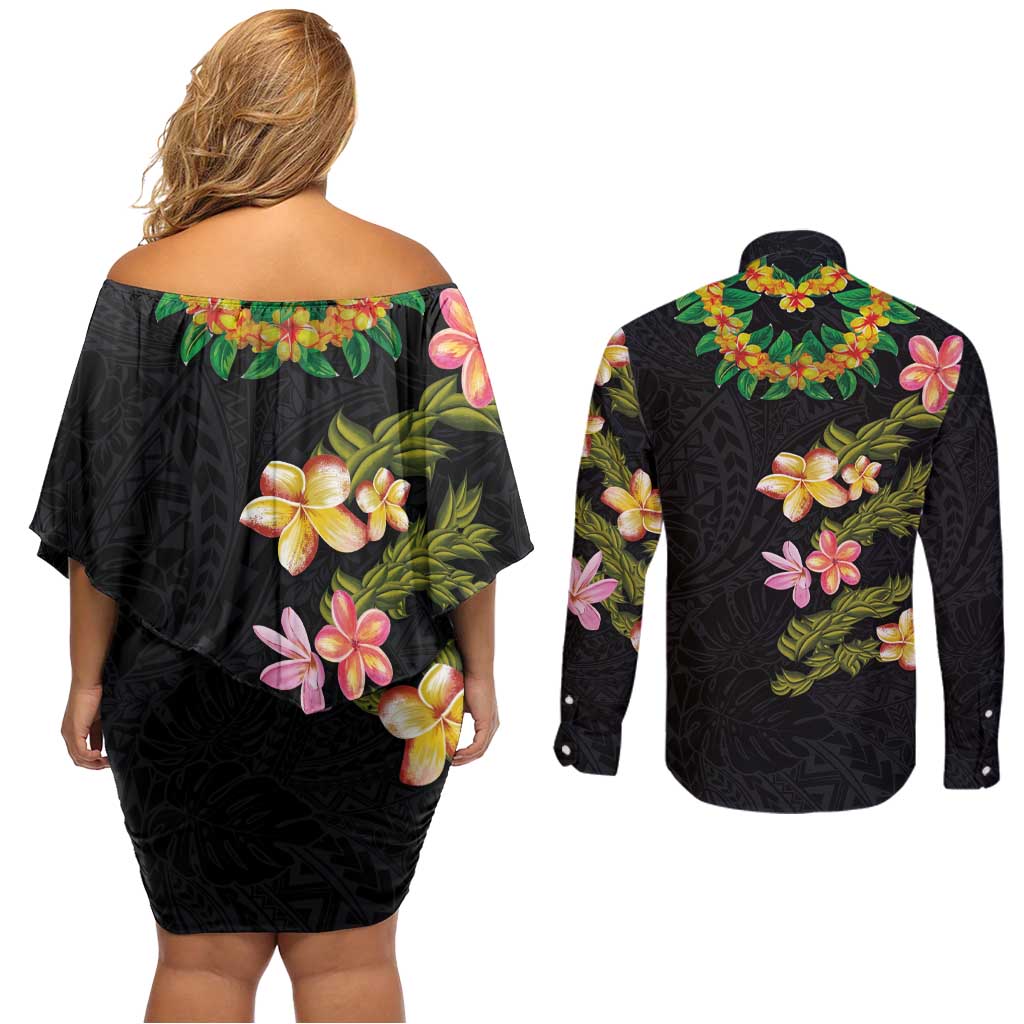 Hawaiian Lei Plumeria and Tropical Leaves Couples Matching Off Shoulder Short Dress and Long Sleeve Button Shirt Watercolor Style LT03 - Polynesian Pride