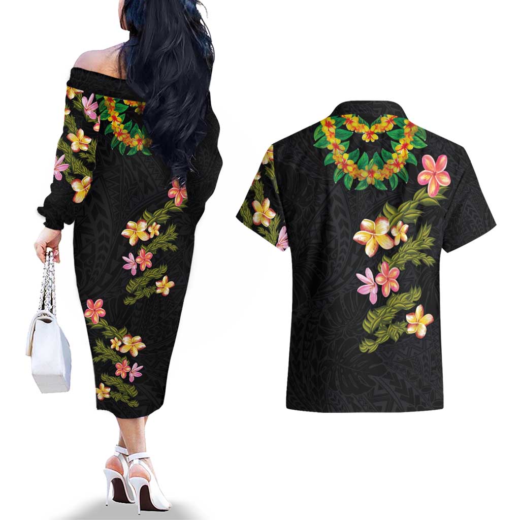 Hawaiian Lei Plumeria and Tropical Leaves Couples Matching Off The Shoulder Long Sleeve Dress and Hawaiian Shirt Watercolor Style LT03 - Polynesian Pride
