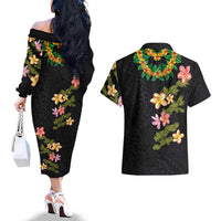 Hawaiian Lei Plumeria and Tropical Leaves Couples Matching Off The Shoulder Long Sleeve Dress and Hawaiian Shirt Watercolor Style LT03 - Polynesian Pride