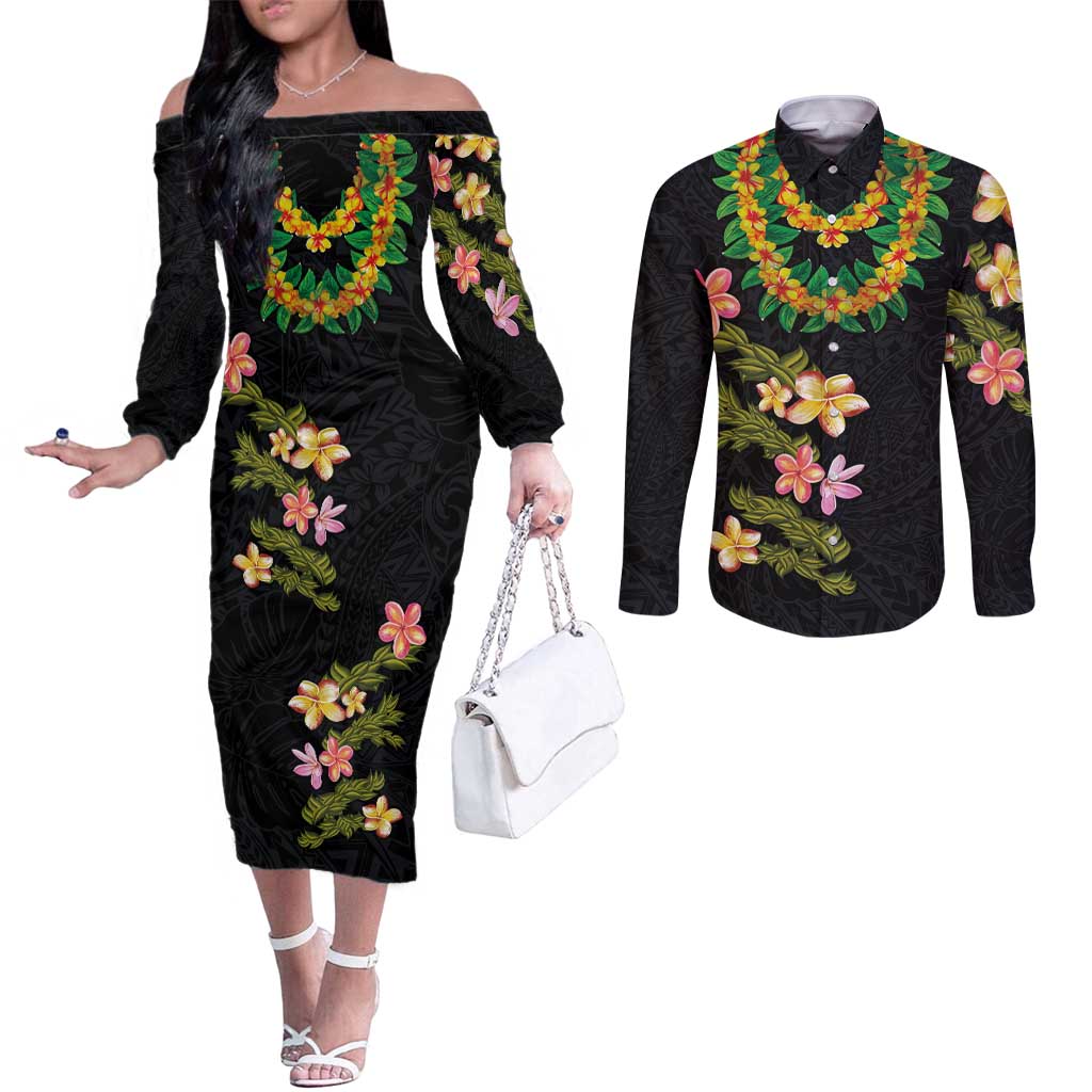 Hawaiian Lei Plumeria and Tropical Leaves Couples Matching Off The Shoulder Long Sleeve Dress and Long Sleeve Button Shirt Watercolor Style LT03 Black - Polynesian Pride