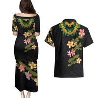 Hawaiian Lei Plumeria and Tropical Leaves Couples Matching Puletasi and Hawaiian Shirt Watercolor Style LT03 - Polynesian Pride
