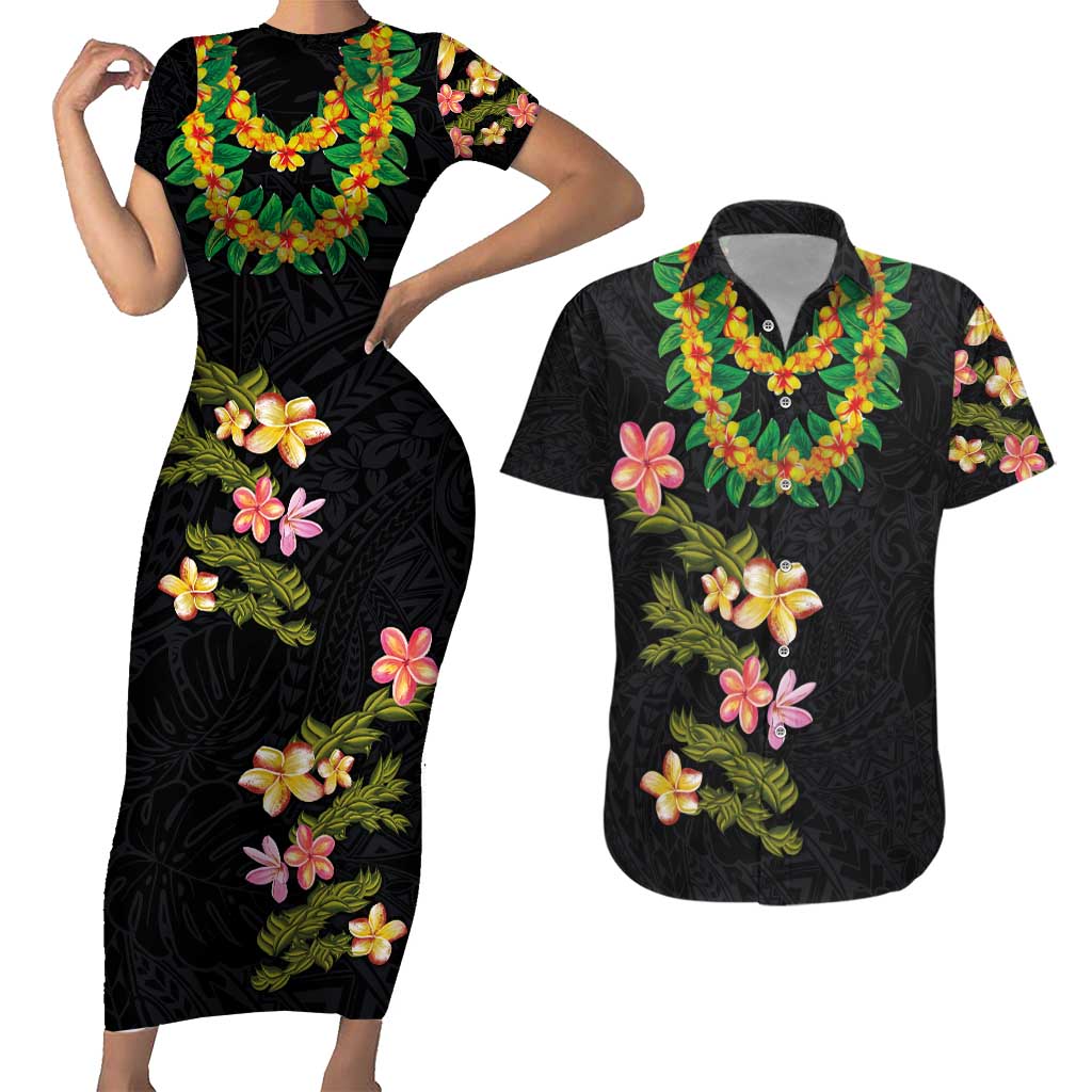Hawaiian Lei Plumeria and Tropical Leaves Couples Matching Short Sleeve Bodycon Dress and Hawaiian Shirt Watercolor Style LT03 Black - Polynesian Pride