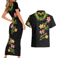 Hawaiian Lei Plumeria and Tropical Leaves Couples Matching Short Sleeve Bodycon Dress and Hawaiian Shirt Watercolor Style LT03 - Polynesian Pride