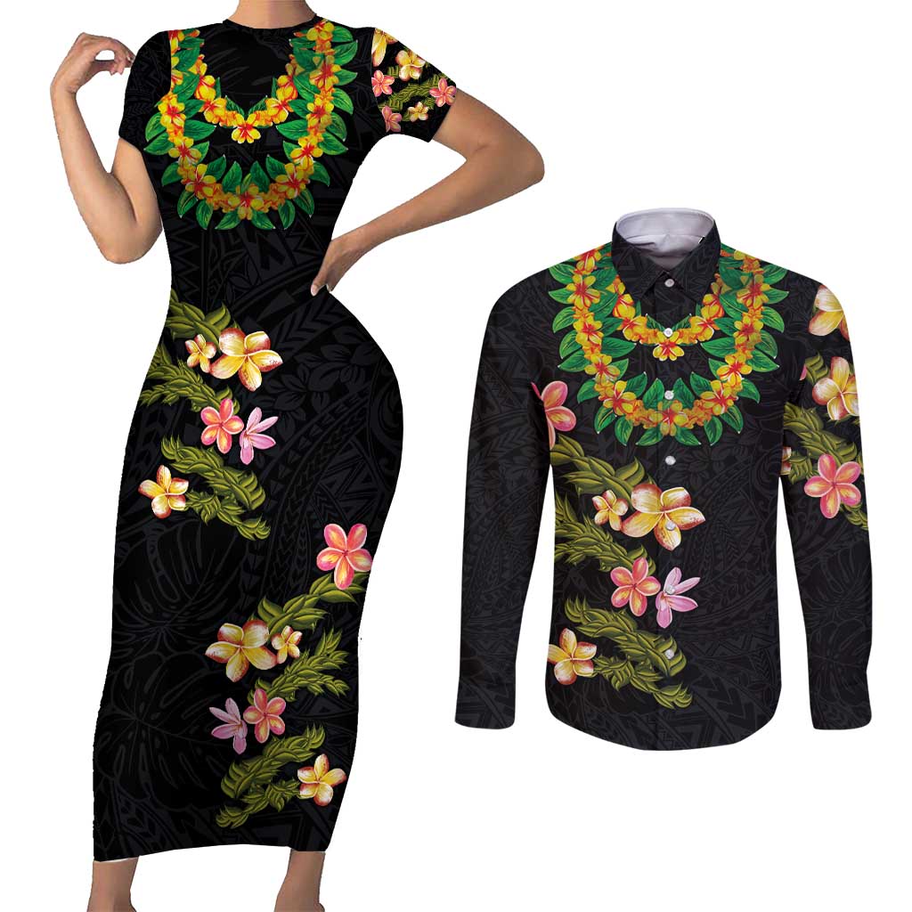 Hawaiian Lei Plumeria and Tropical Leaves Couples Matching Short Sleeve Bodycon Dress and Long Sleeve Button Shirt Watercolor Style LT03 Black - Polynesian Pride