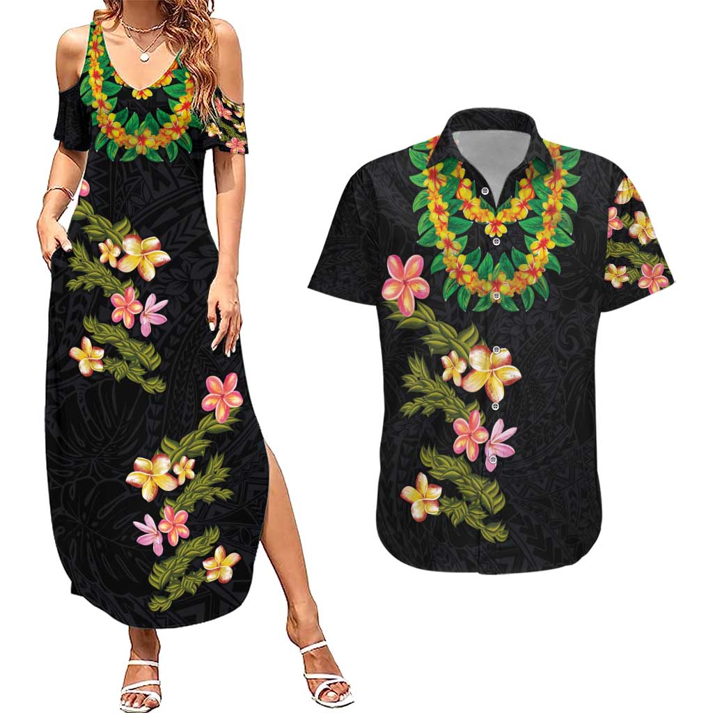 Hawaiian Lei Plumeria and Tropical Leaves Couples Matching Summer Maxi Dress and Hawaiian Shirt Watercolor Style LT03 Black - Polynesian Pride