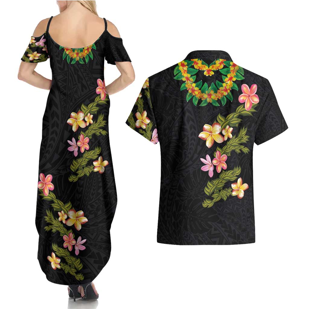 Hawaiian Lei Plumeria and Tropical Leaves Couples Matching Summer Maxi Dress and Hawaiian Shirt Watercolor Style LT03 - Polynesian Pride