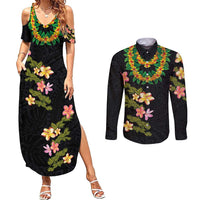 Hawaiian Lei Plumeria and Tropical Leaves Couples Matching Summer Maxi Dress and Long Sleeve Button Shirt Watercolor Style LT03 Black - Polynesian Pride