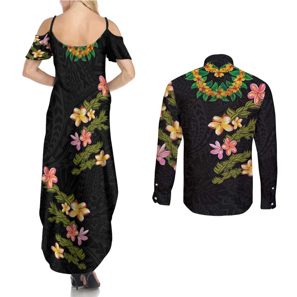Hawaiian Lei Plumeria and Tropical Leaves Couples Matching Summer Maxi Dress and Long Sleeve Button Shirt Watercolor Style LT03 - Polynesian Pride