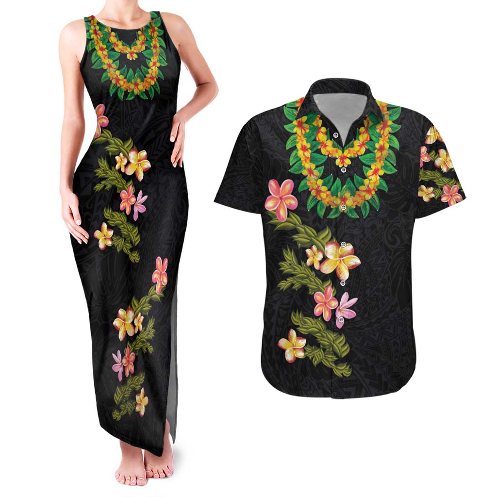 Hawaiian Lei Plumeria and Tropical Leaves Couples Matching Tank Maxi Dress and Hawaiian Shirt Watercolor Style LT03 Black - Polynesian Pride
