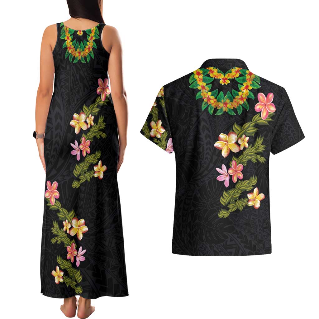 Hawaiian Lei Plumeria and Tropical Leaves Couples Matching Tank Maxi Dress and Hawaiian Shirt Watercolor Style LT03 - Polynesian Pride
