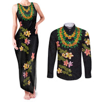 Hawaiian Lei Plumeria and Tropical Leaves Couples Matching Tank Maxi Dress and Long Sleeve Button Shirt Watercolor Style LT03 Black - Polynesian Pride
