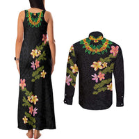 Hawaiian Lei Plumeria and Tropical Leaves Couples Matching Tank Maxi Dress and Long Sleeve Button Shirt Watercolor Style LT03 - Polynesian Pride