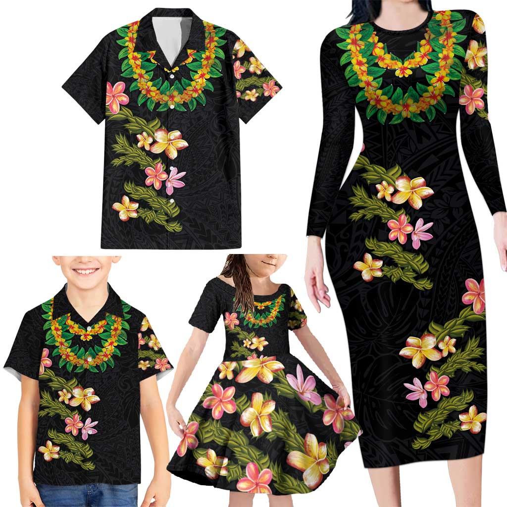Hawaiian Lei Plumeria and Tropical Leaves Family Matching Long Sleeve Bodycon Dress and Hawaiian Shirt Watercolor Style LT03 - Polynesian Pride