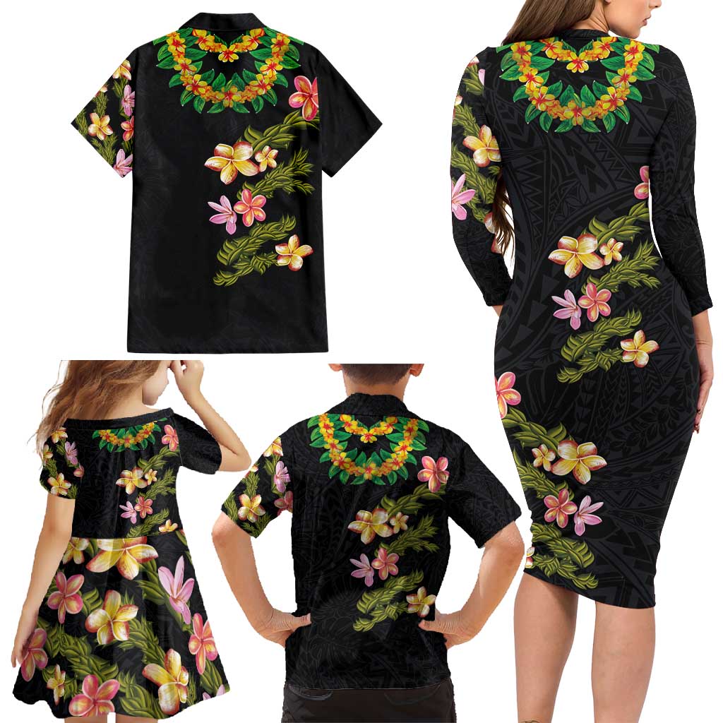 Hawaiian Lei Plumeria and Tropical Leaves Family Matching Long Sleeve Bodycon Dress and Hawaiian Shirt Watercolor Style LT03 - Polynesian Pride