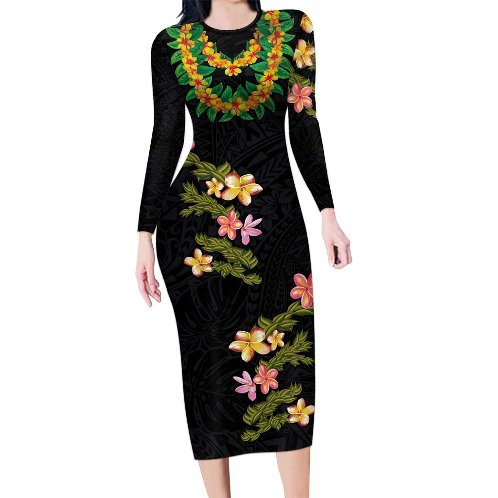 Hawaiian Lei Plumeria and Tropical Leaves Family Matching Long Sleeve Bodycon Dress and Hawaiian Shirt Watercolor Style LT03 Mom's Dress Black - Polynesian Pride