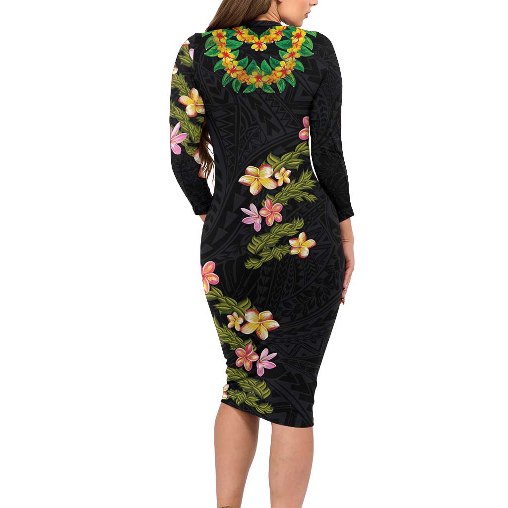 Hawaiian Lei Plumeria and Tropical Leaves Family Matching Long Sleeve Bodycon Dress and Hawaiian Shirt Watercolor Style LT03 - Polynesian Pride