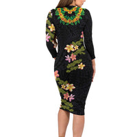 Hawaiian Lei Plumeria and Tropical Leaves Family Matching Long Sleeve Bodycon Dress and Hawaiian Shirt Watercolor Style LT03 - Polynesian Pride