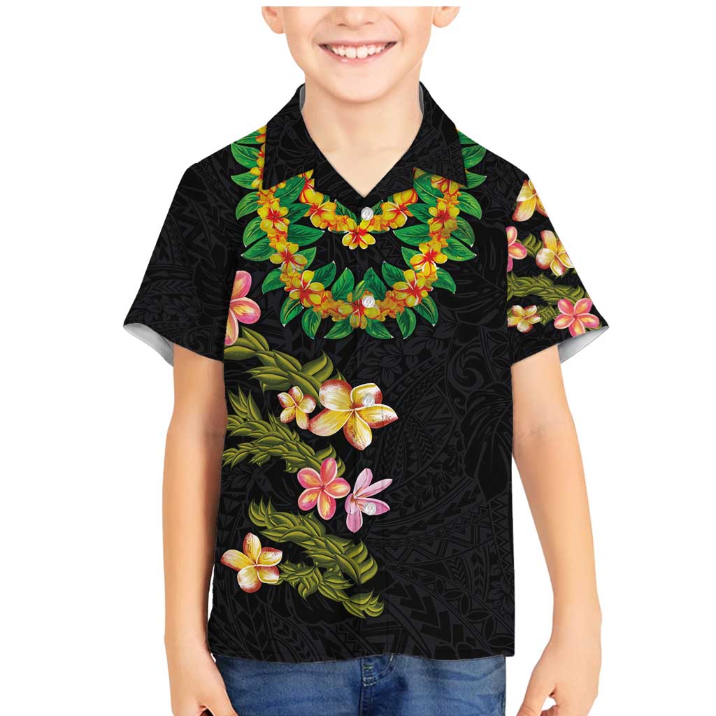 Hawaiian Lei Plumeria and Tropical Leaves Family Matching Mermaid Dress and Hawaiian Shirt Watercolor Style LT03 Son's Shirt Black - Polynesian Pride