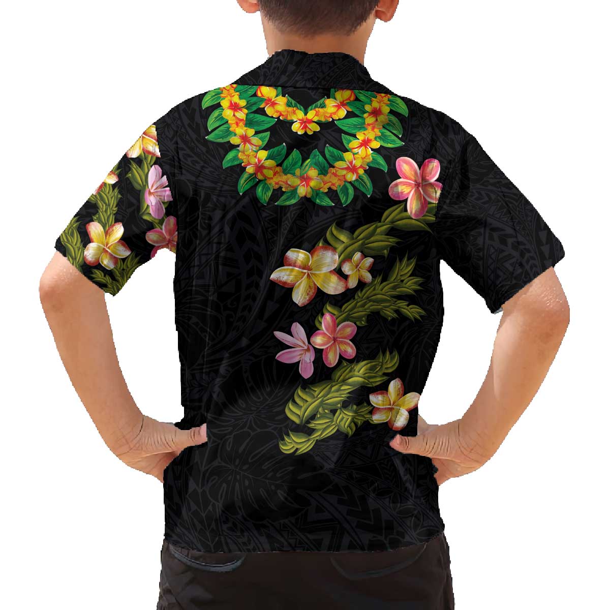 Hawaiian Lei Plumeria and Tropical Leaves Family Matching Off The Shoulder Long Sleeve Dress and Hawaiian Shirt Watercolor Style LT03 - Polynesian Pride