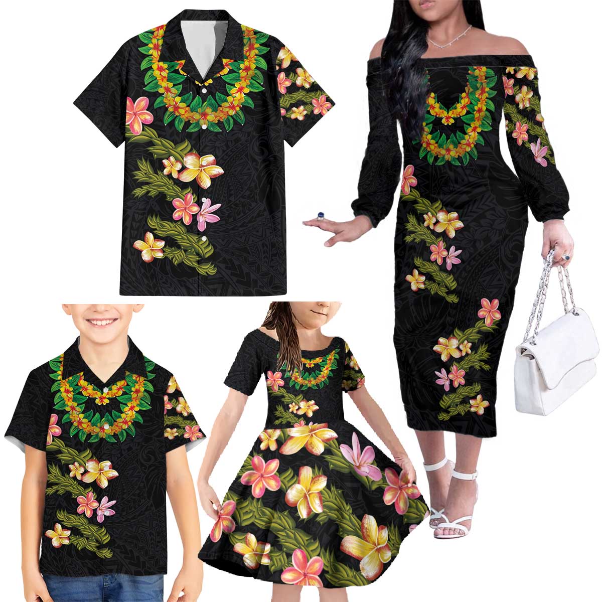 Hawaiian Lei Plumeria and Tropical Leaves Family Matching Off The Shoulder Long Sleeve Dress and Hawaiian Shirt Watercolor Style LT03 - Polynesian Pride