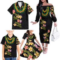 Hawaiian Lei Plumeria and Tropical Leaves Family Matching Off The Shoulder Long Sleeve Dress and Hawaiian Shirt Watercolor Style LT03 - Polynesian Pride