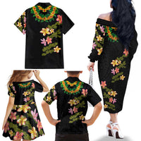 Hawaiian Lei Plumeria and Tropical Leaves Family Matching Off The Shoulder Long Sleeve Dress and Hawaiian Shirt Watercolor Style LT03 - Polynesian Pride