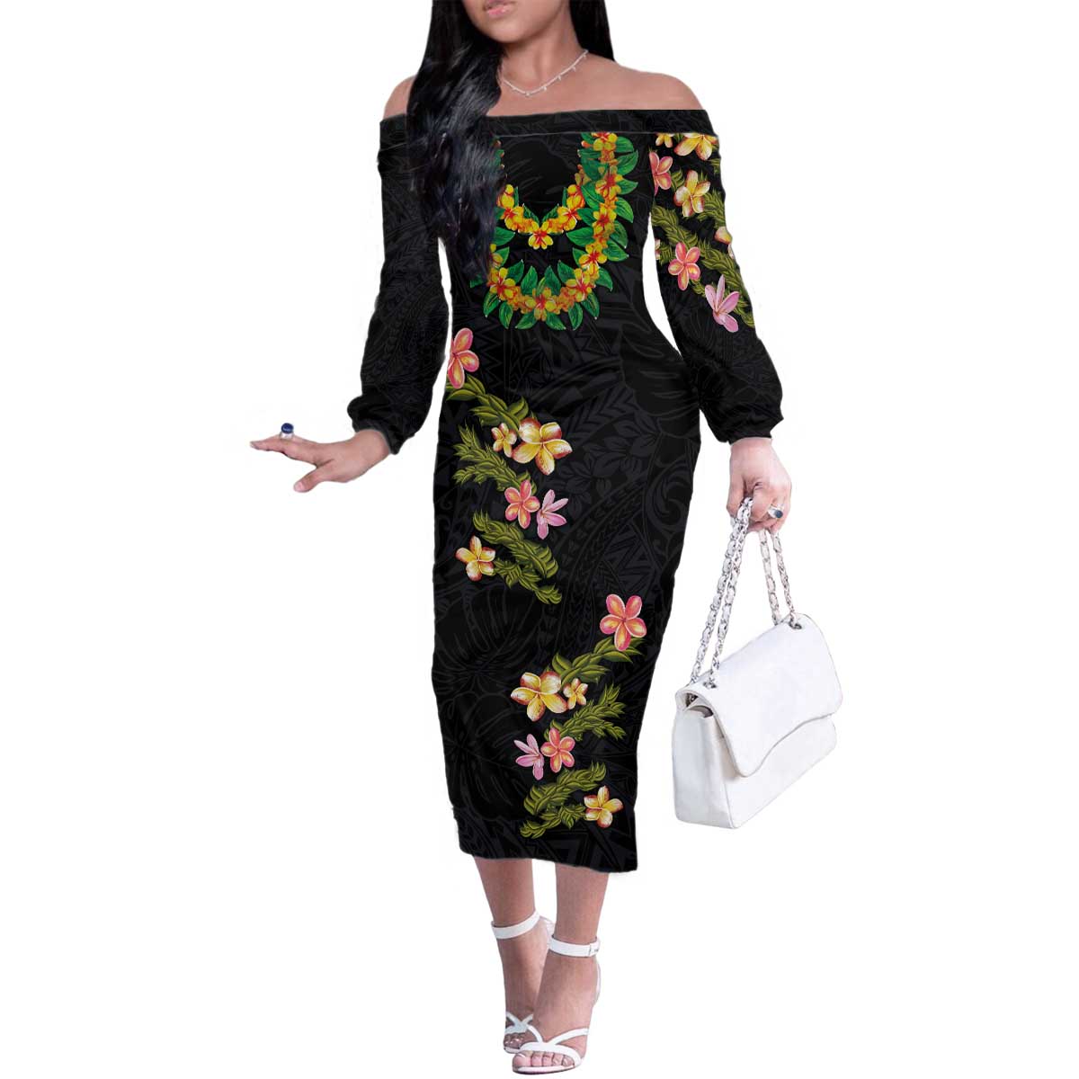 Hawaiian Lei Plumeria and Tropical Leaves Family Matching Off The Shoulder Long Sleeve Dress and Hawaiian Shirt Watercolor Style LT03 Mom's Dress Black - Polynesian Pride