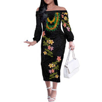Hawaiian Lei Plumeria and Tropical Leaves Family Matching Off The Shoulder Long Sleeve Dress and Hawaiian Shirt Watercolor Style LT03 Mom's Dress Black - Polynesian Pride