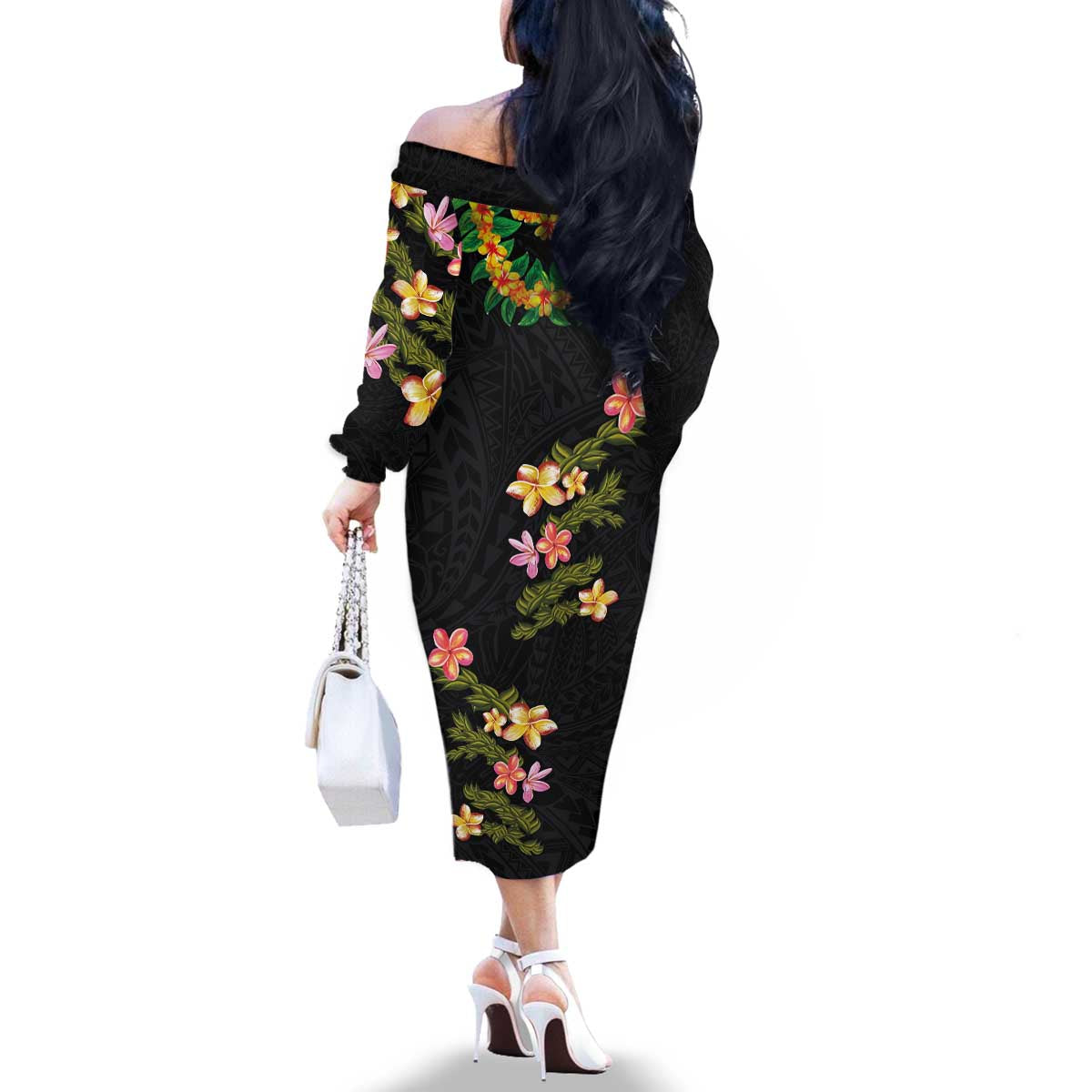 Hawaiian Lei Plumeria and Tropical Leaves Family Matching Off The Shoulder Long Sleeve Dress and Hawaiian Shirt Watercolor Style LT03 - Polynesian Pride