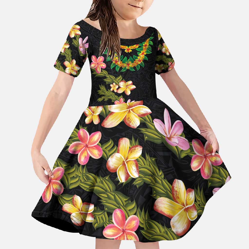 Hawaiian Lei Plumeria and Tropical Leaves Family Matching Off Shoulder Maxi Dress and Hawaiian Shirt Watercolor Style LT03 Daughter's Dress Black - Polynesian Pride