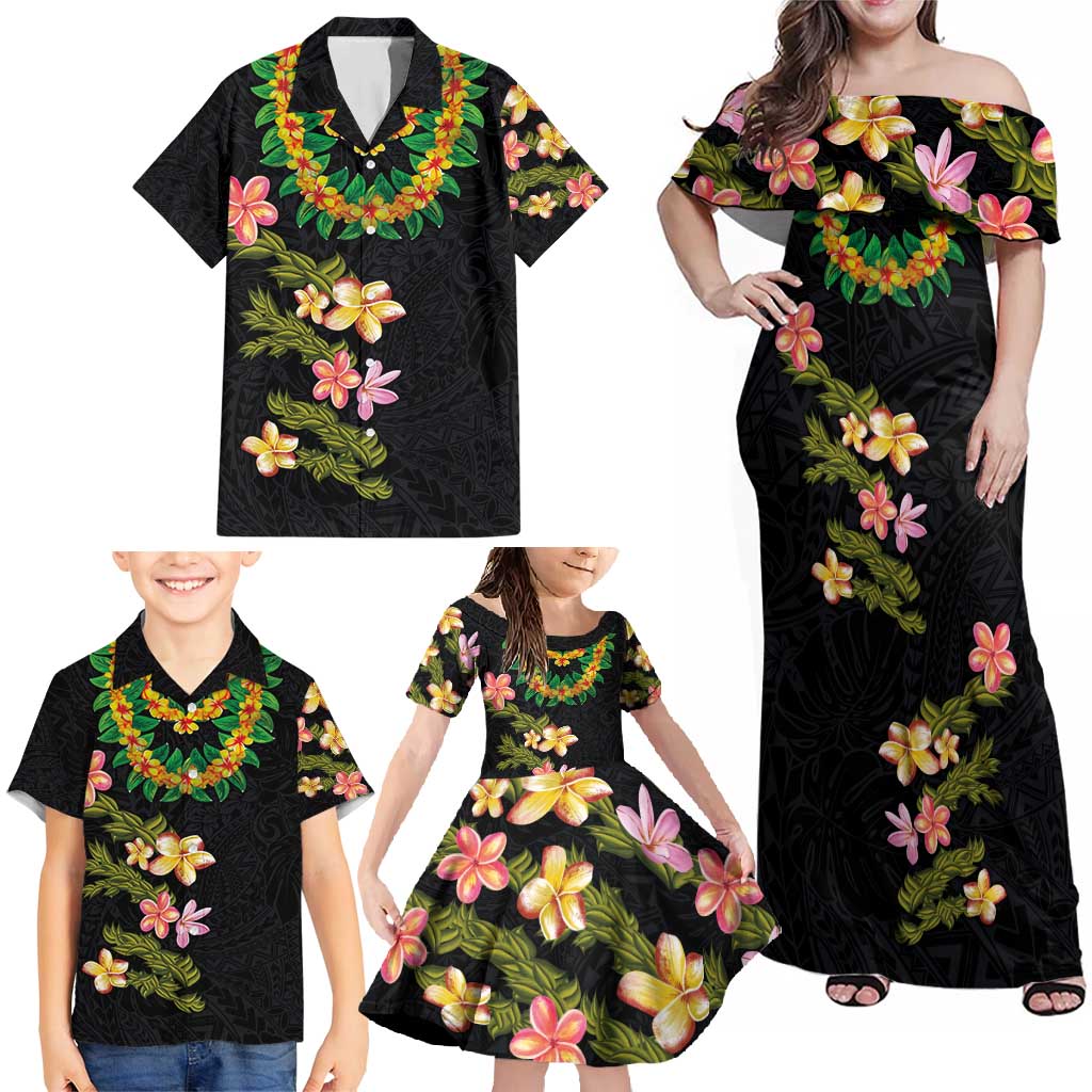 Hawaiian Lei Plumeria and Tropical Leaves Family Matching Off Shoulder Maxi Dress and Hawaiian Shirt Watercolor Style LT03 - Polynesian Pride