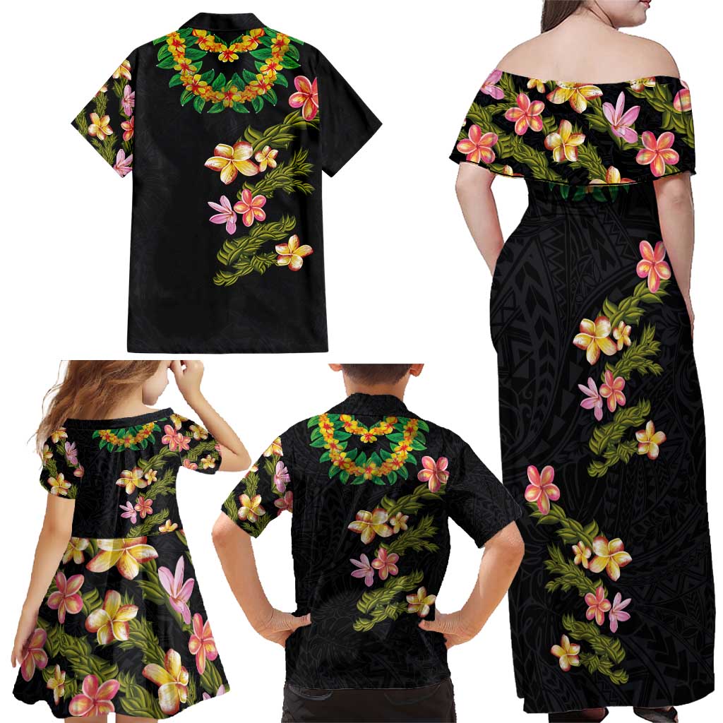 Hawaiian Lei Plumeria and Tropical Leaves Family Matching Off Shoulder Maxi Dress and Hawaiian Shirt Watercolor Style LT03 - Polynesian Pride