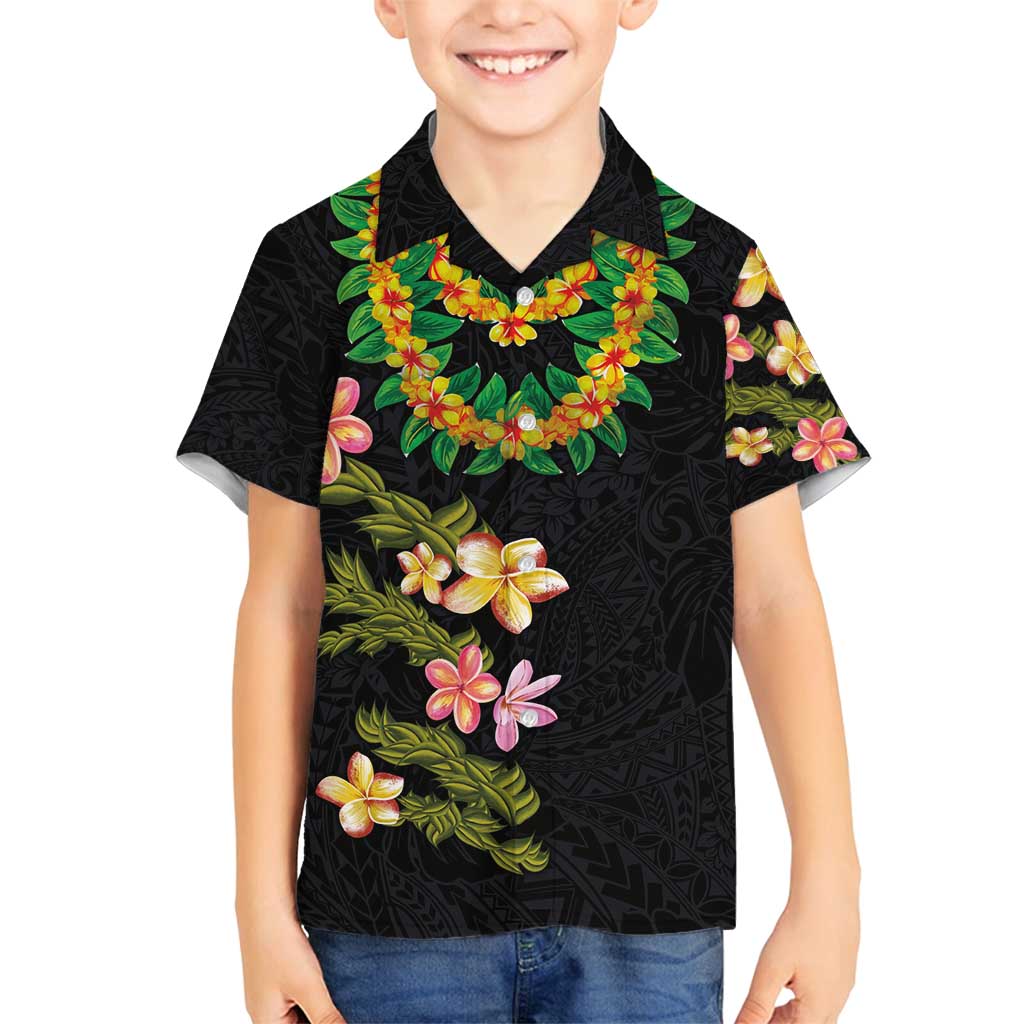 Hawaiian Lei Plumeria and Tropical Leaves Family Matching Off Shoulder Maxi Dress and Hawaiian Shirt Watercolor Style LT03 Son's Shirt Black - Polynesian Pride