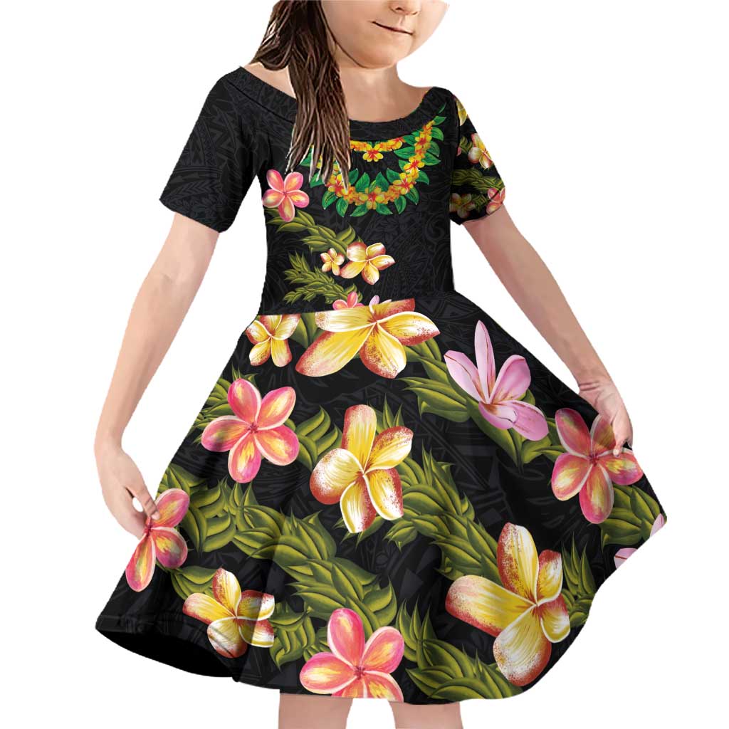 Hawaiian Lei Plumeria and Tropical Leaves Family Matching Off Shoulder Short Dress and Hawaiian Shirt Watercolor Style LT03 Daughter's Dress Black - Polynesian Pride