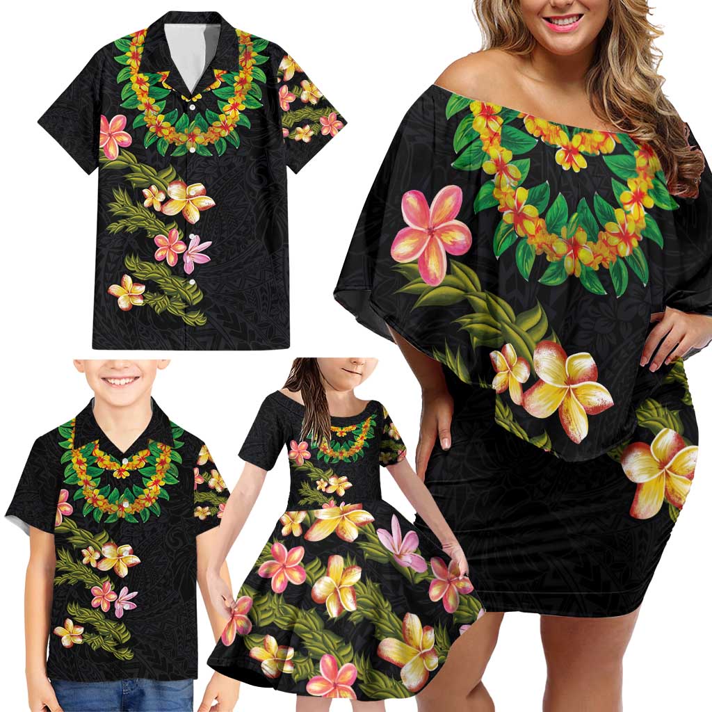 Hawaiian Lei Plumeria and Tropical Leaves Family Matching Off Shoulder Short Dress and Hawaiian Shirt Watercolor Style LT03 - Polynesian Pride