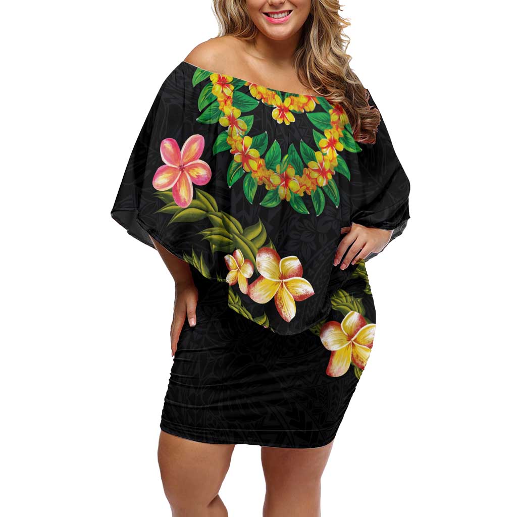 Hawaiian Lei Plumeria and Tropical Leaves Family Matching Off Shoulder Short Dress and Hawaiian Shirt Watercolor Style LT03 Mom's Dress Black - Polynesian Pride