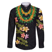 Hawaiian Lei Plumeria and Tropical Leaves Family Matching Puletasi and Hawaiian Shirt Watercolor Style LT03 Dad's Shirt - Long Sleeve Black - Polynesian Pride