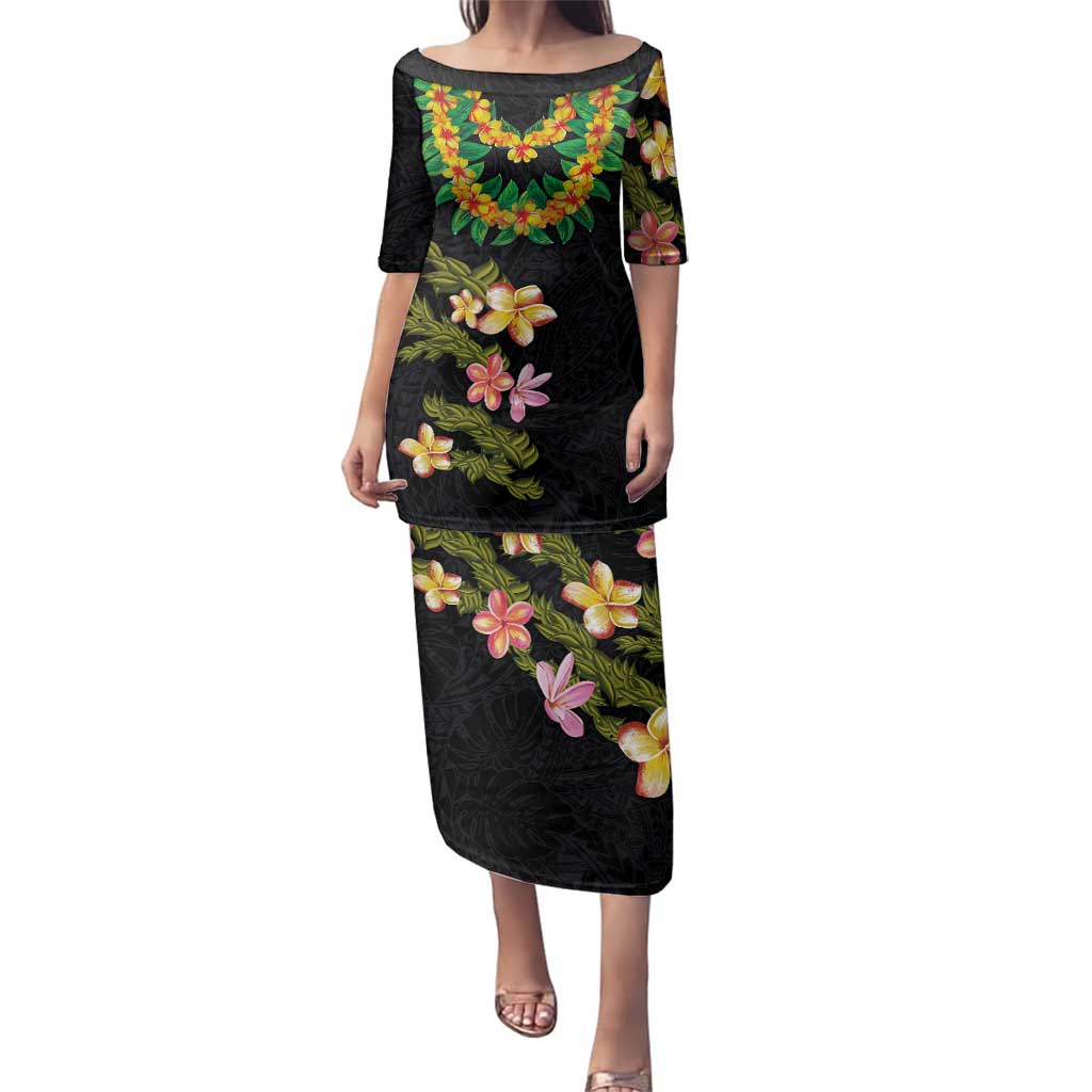 Hawaiian Lei Plumeria and Tropical Leaves Family Matching Puletasi and Hawaiian Shirt Watercolor Style LT03 Mom's Dress Black - Polynesian Pride